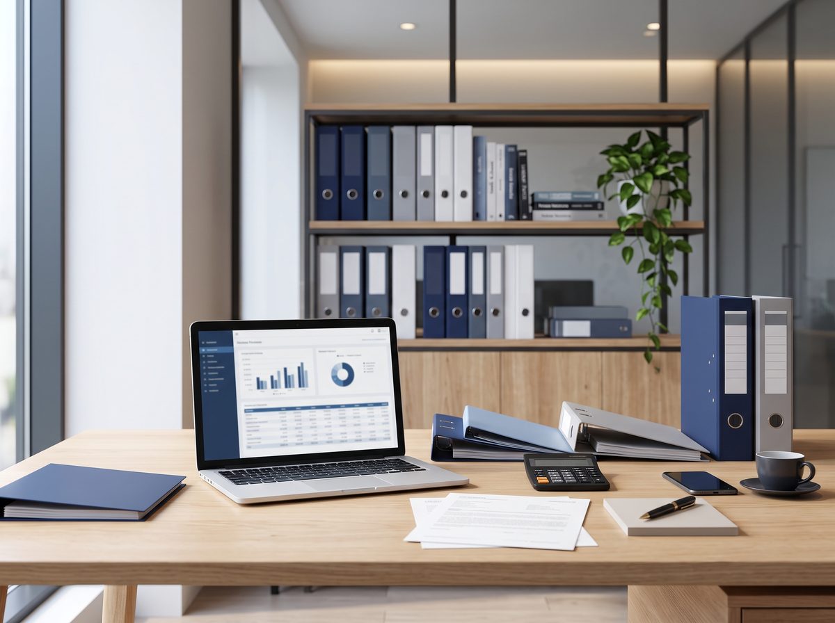 Mesa de trabalho em escritório de contabilidade, com notebook, pastas e documentos